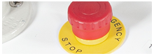 Close-up of the emergency stop button on the UV-MAX LO-PRO